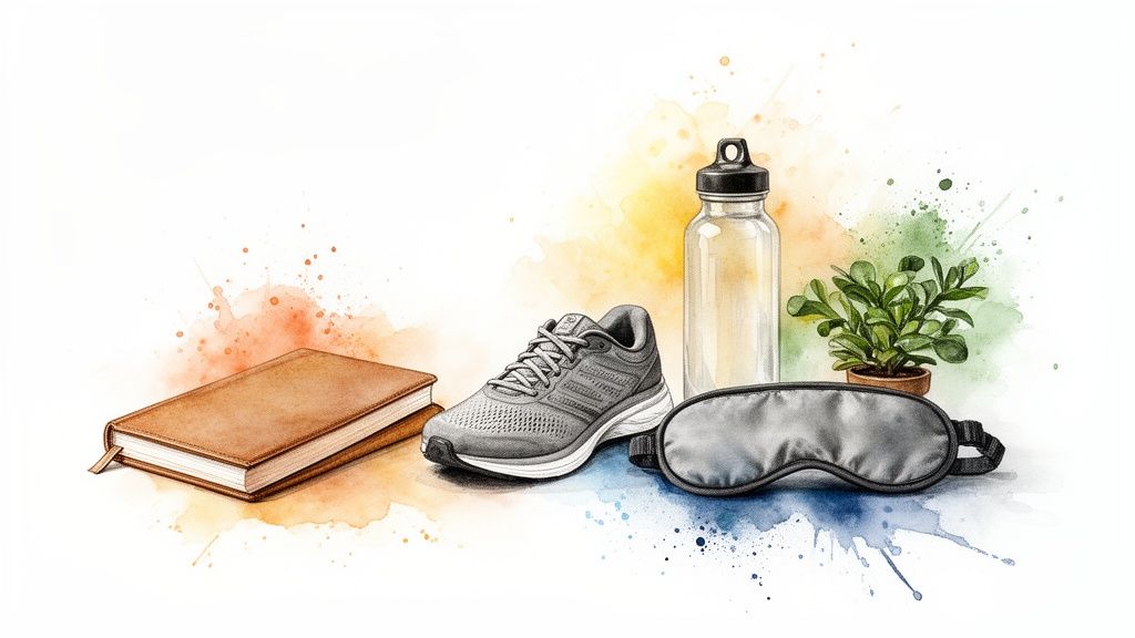 Watercolor illustration of self-care items: a book, running shoe, water bottle, plant, and sleep mask.