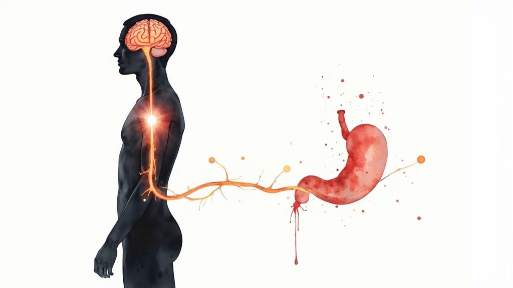 A serene image showing neural pathways connecting the brain and the gut, symbolizing the gut-brain axis.