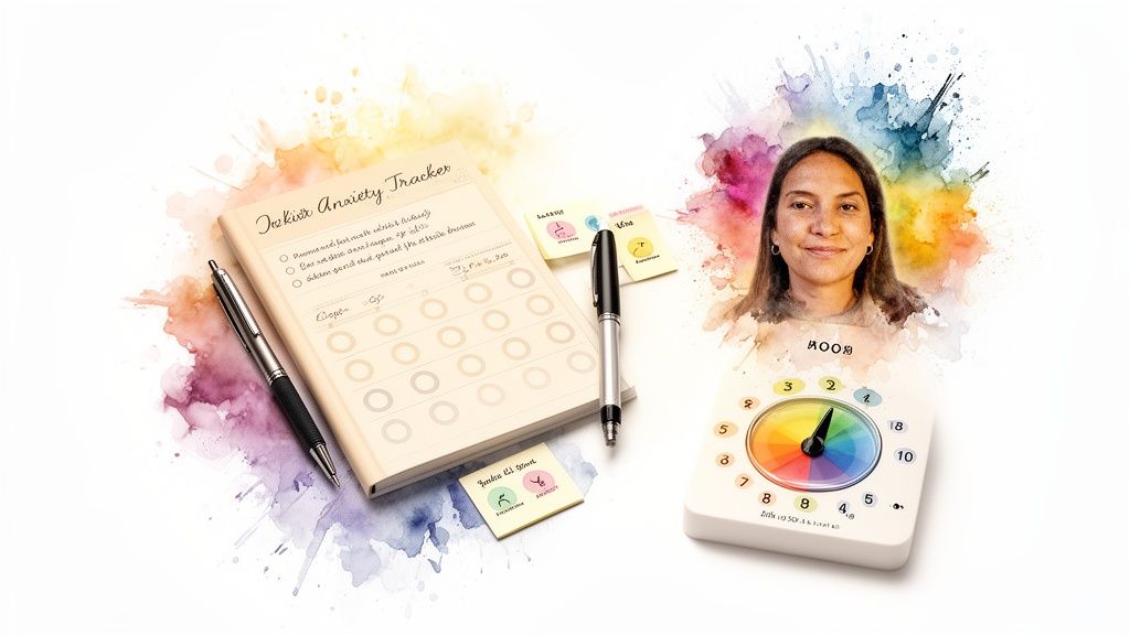 Vibrant image of mental health tracking tools including an anxiety tracker, mood dial, and a woman's portrait.