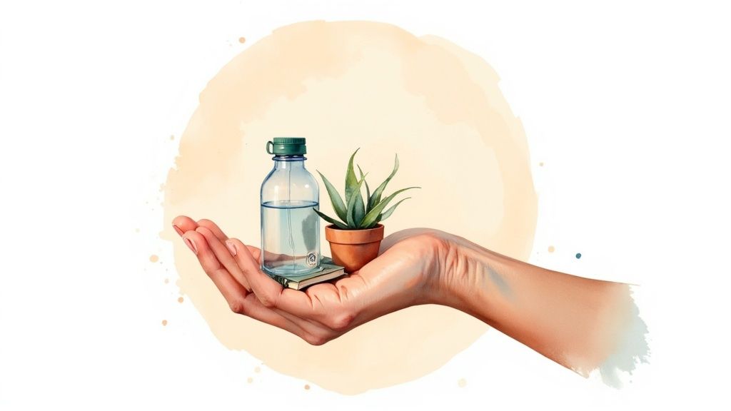 A hand gently cradling a small water bottle, a book, and a potted plant, symbolizing care.