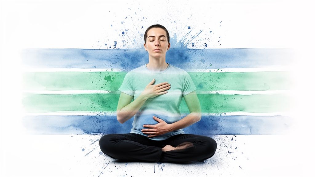 Person meditating with eyes closed, hands on chest and stomach, practicing calm breathing.