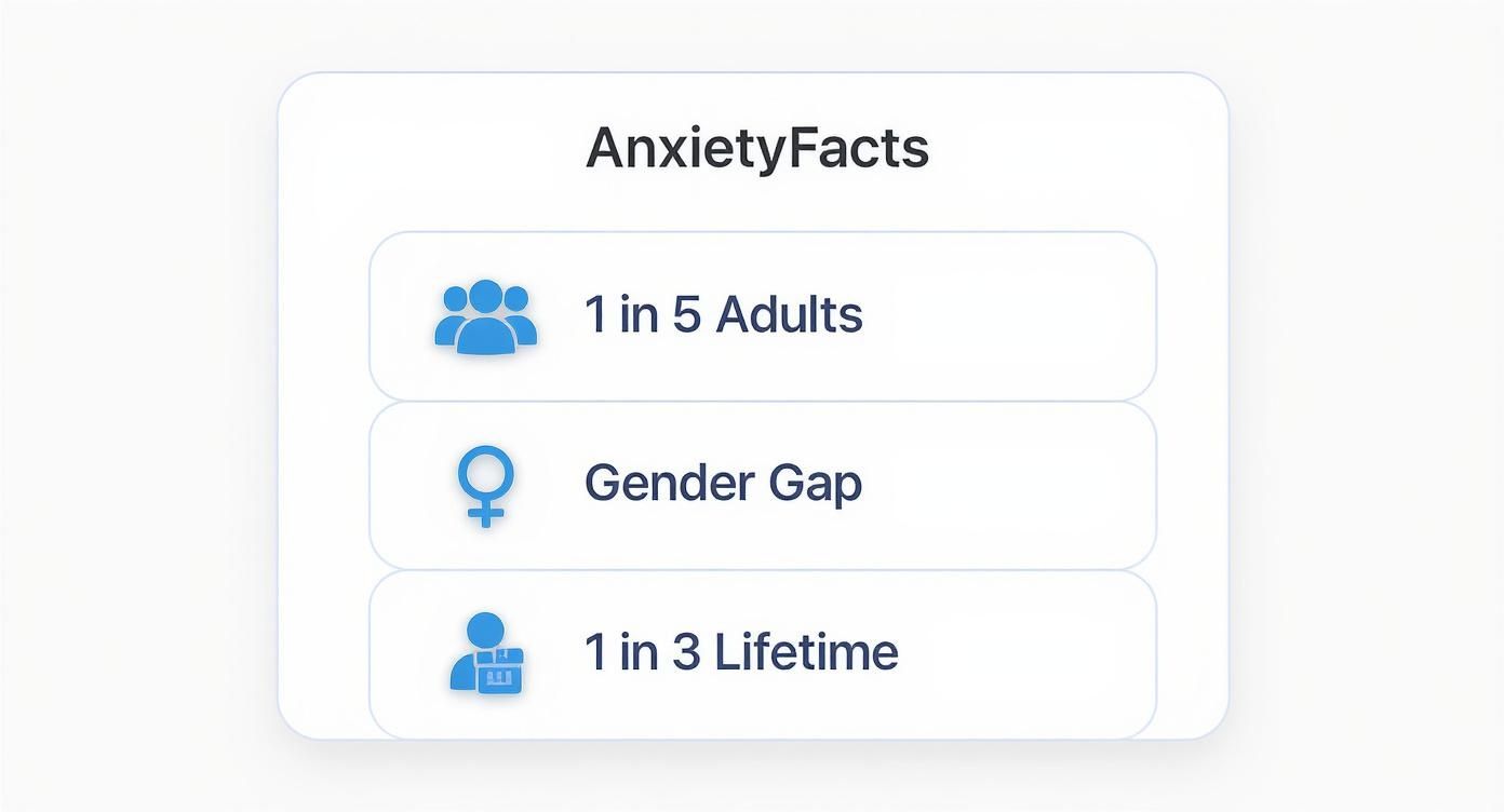 Infographic showing key anxiety facts: 1 in 5 adults are affected, there's a significant gender gap, and 1 in 3 people will experience it in their lifetime.