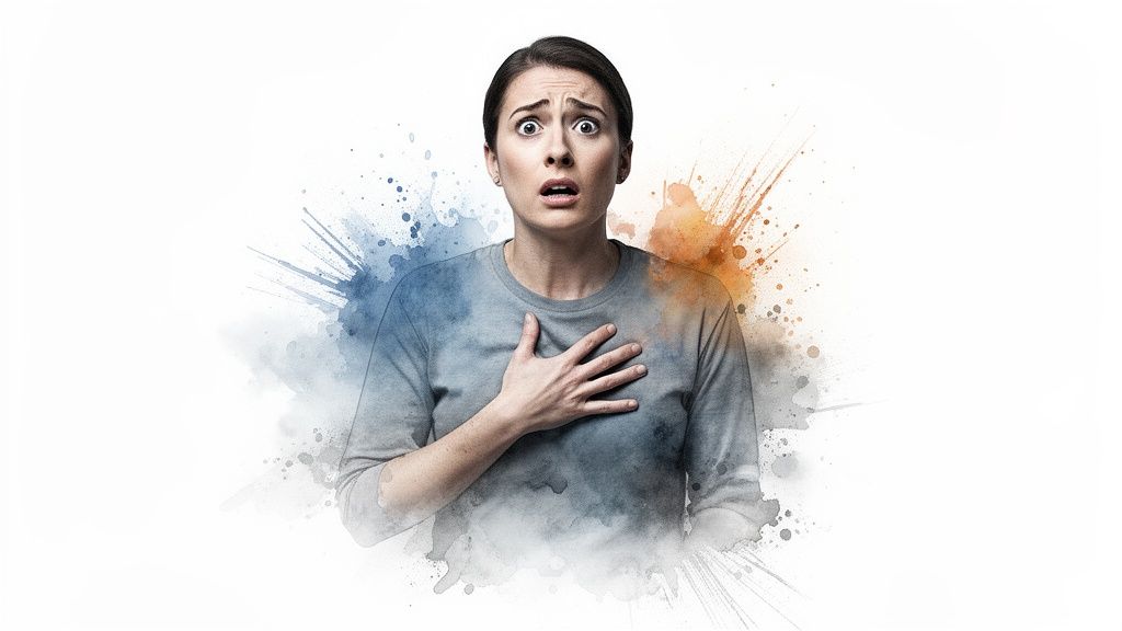 A distressed woman with wide eyes and hand on chest, depicting panic or shortness of breath.
