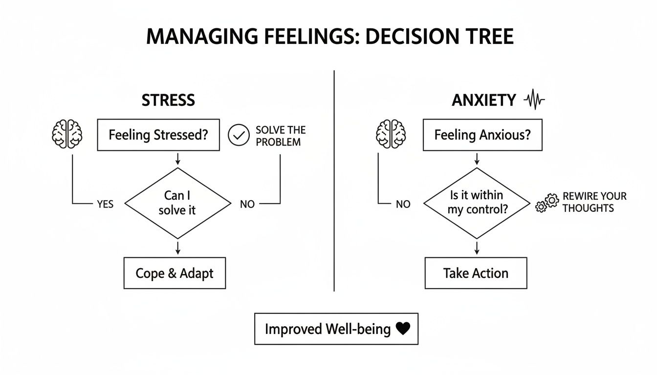 A decision tree flowchart for managing stress and anxiety, leading to improved well-being.