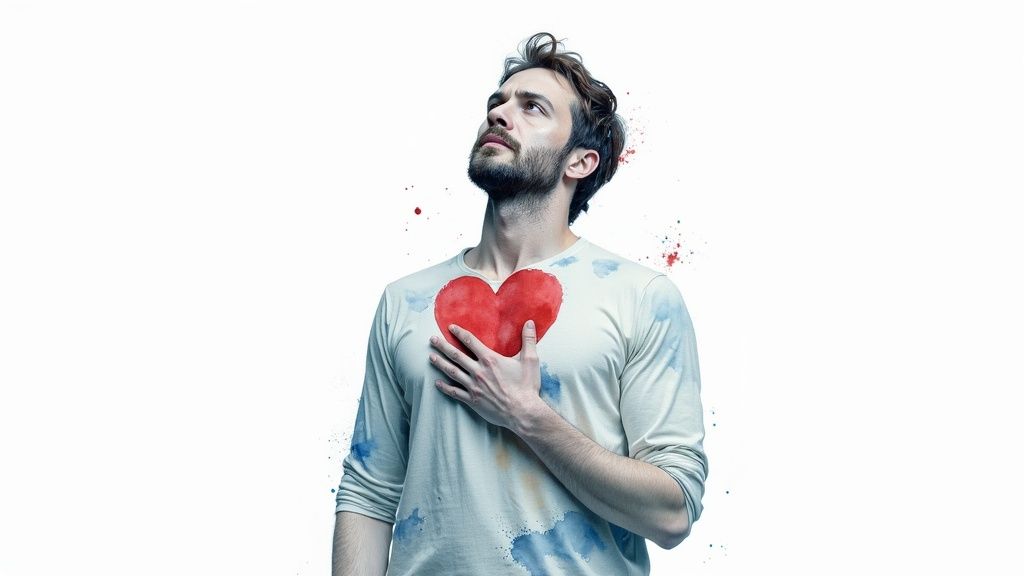 A bearded man with a red painted heart on his chest, hand over heart, looking up.