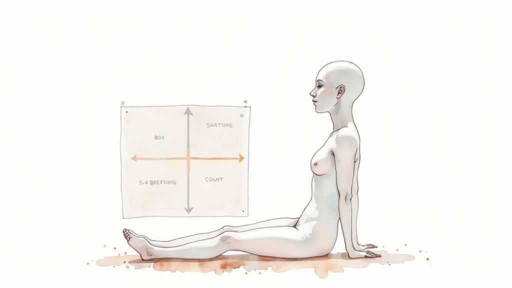 Woman in meditation pose beside breathing technique diagram showing box breathing and count methods