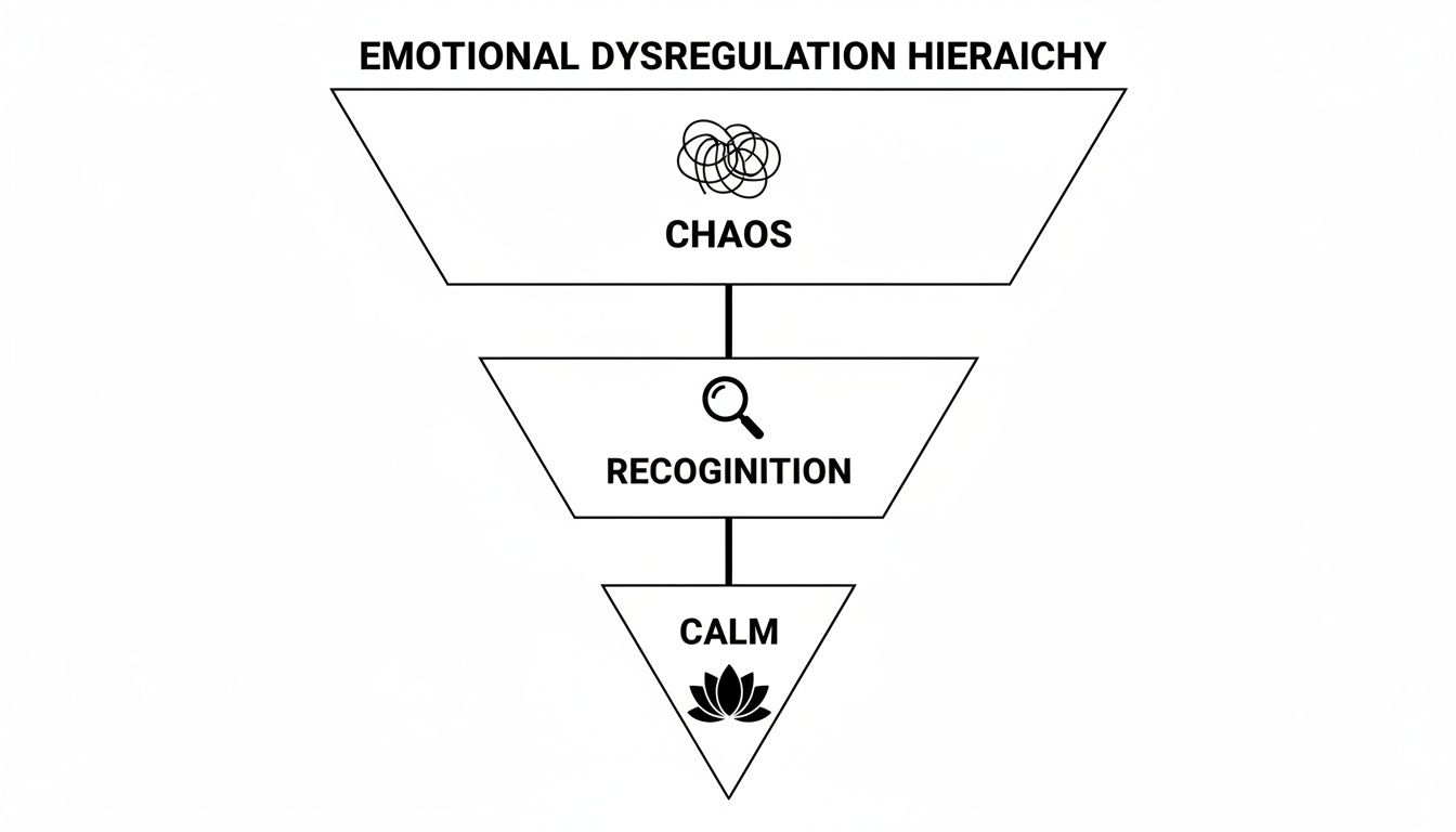 A diagram illustrating the emotional dysregulation hierarchy from chaos to recognition and calm.