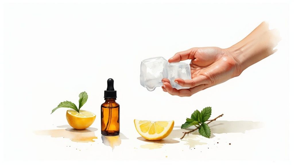 A hand holds melting ice cubes, alongside a dropper bottle, lemon halves, and mint leaves, suggesting natural remedies.