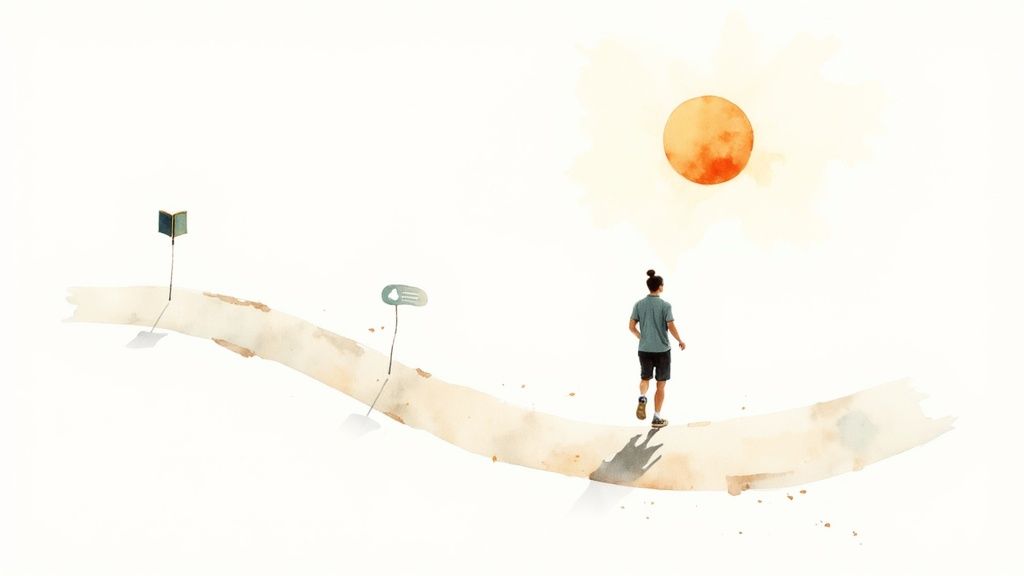 Person running alone on sandy dunes under bright sun symbolizing journey through anxiety