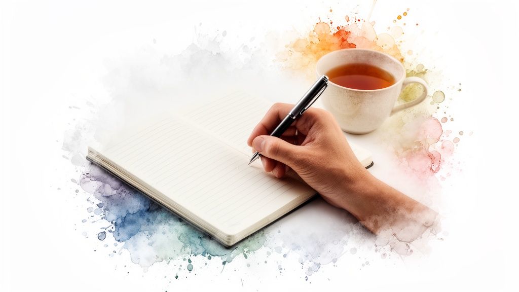 A hand writes in a lined notebook with a pen, next to a cup of tea, surrounded by colorful watercolor splashes.