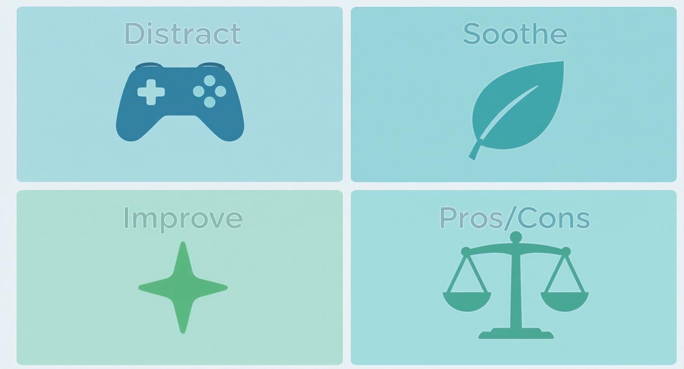 Four panels illustrating distress tolerance strategies: Distract (game controller), Soothe (leaf), Improve (star), and Pros/Cons (scale).