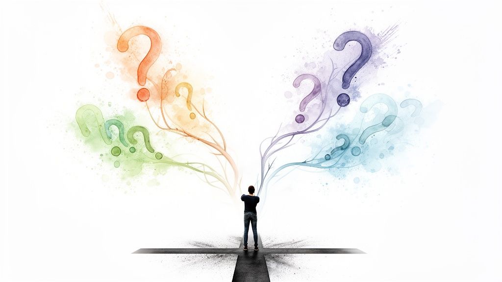 A person stands at a crossroads, contemplating multiple colorful question marks representing difficult choices or possibilities.