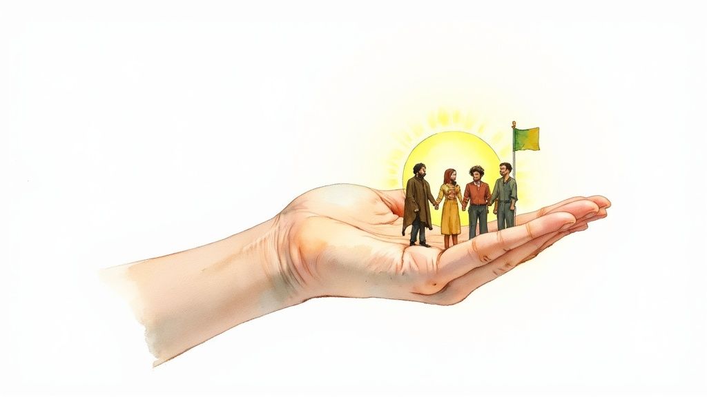 A compassionate hand supports four diverse individuals holding hands under a bright sun and flag.