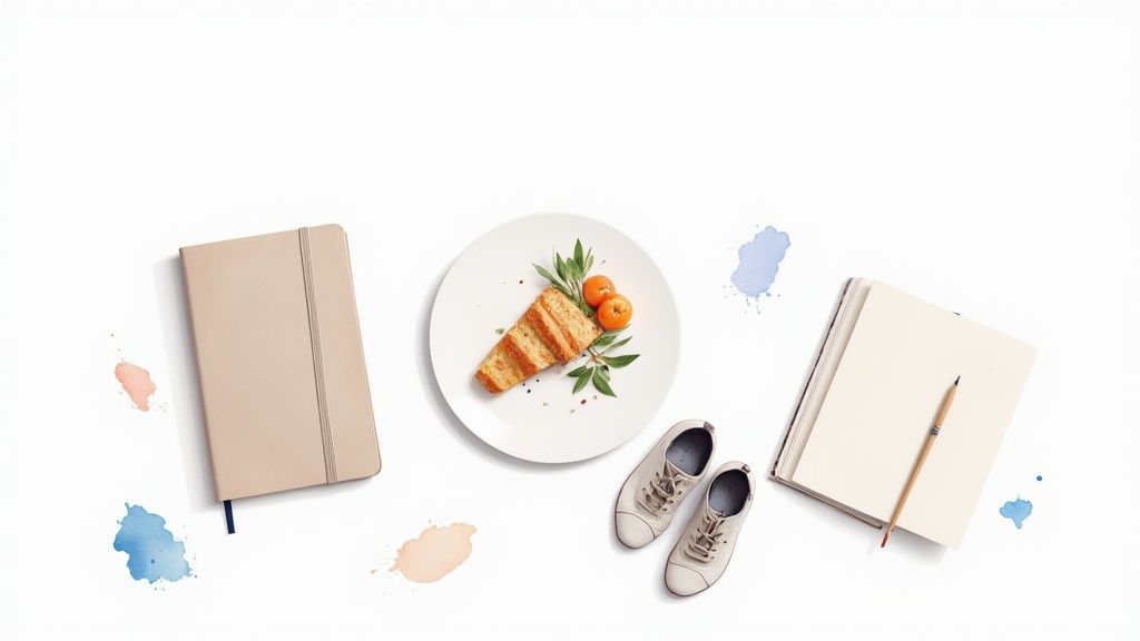 A top-down flat lay featuring notebooks, toast with fruit, shoes, and colorful paint splatters.
