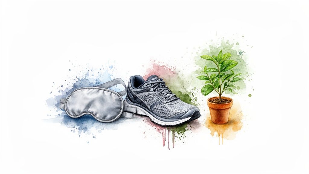 A sleep mask, running shoe, and potted plant in watercolor style, representing self-care elements.