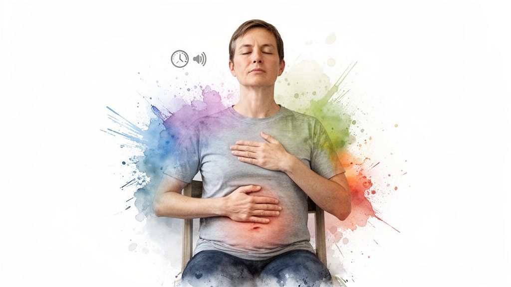 A person meditates with hands on chest and belly, surrounded by vibrant watercolor art, promoting calm.