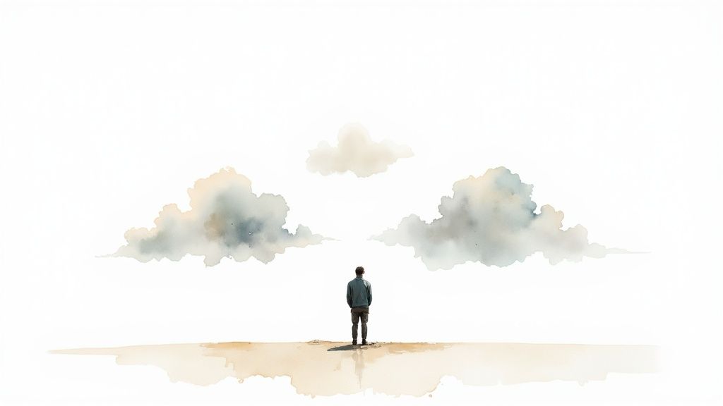 Watercolor painting of a lone person standing on a desert-like ground, gazing at the clouds.