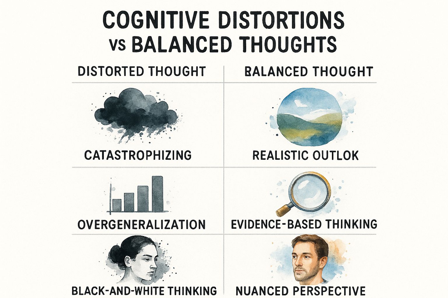 Infographic showing a comparison of distorted thoughts like catastrophizing versus balanced thoughts like realistic outlooks.