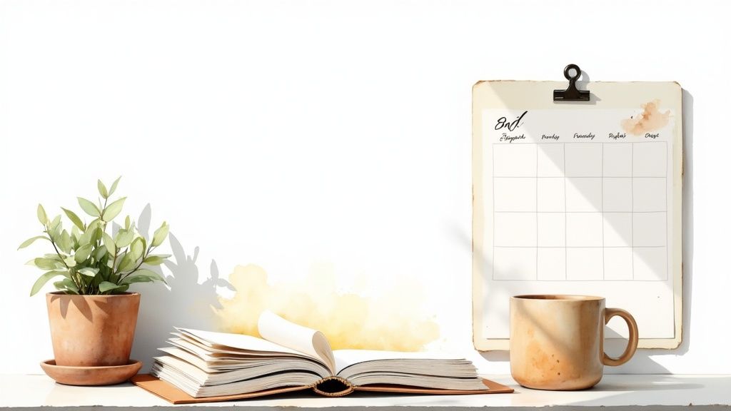 A calm desk setup featuring a potted plant, an open book, a mug, and a blank calendar on a clipboard.