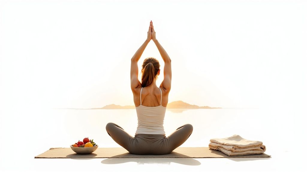 A woman meditates in a yoga pose by water at sunrise, with fruit and towels nearby.