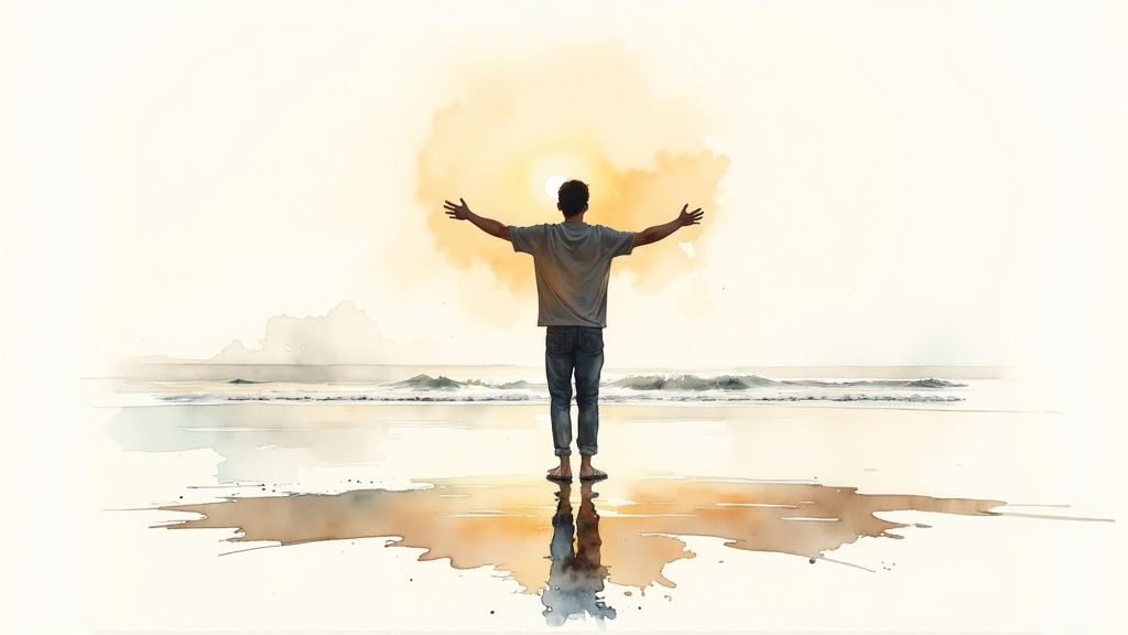 A person standing at a crossroads in a forest, looking toward a path illuminated by sunlight, symbolizing hope and a new beginning.