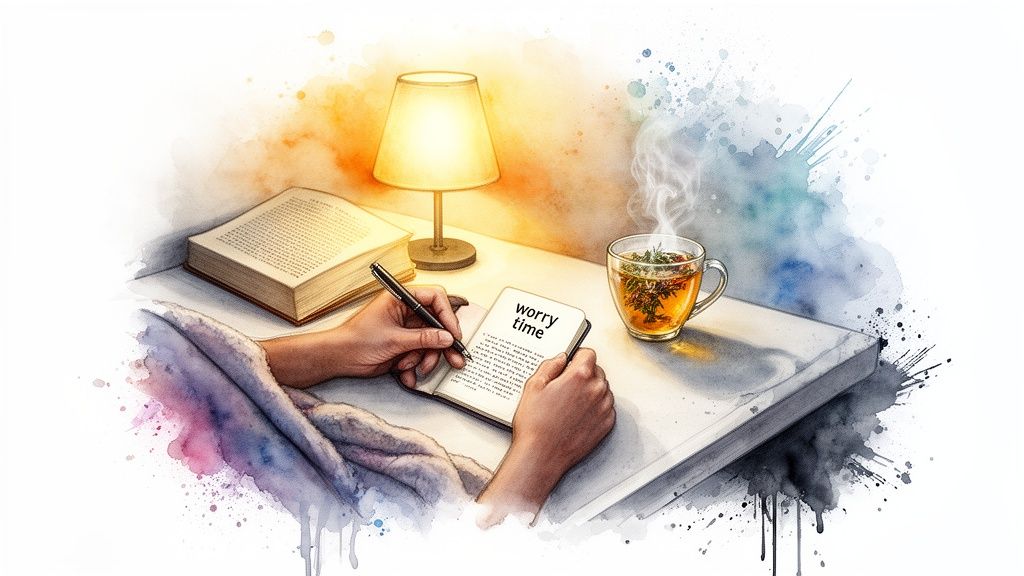 Hands writing 'worry time' in a notebook next to a warm lamp, a book, and steaming herbal tea.