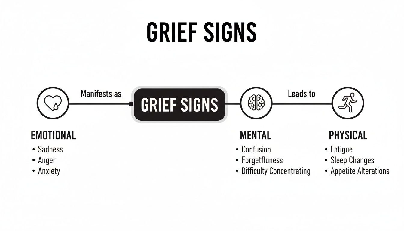 Infographic illustrating emotional, mental, and physical signs and symptoms associated with grief.