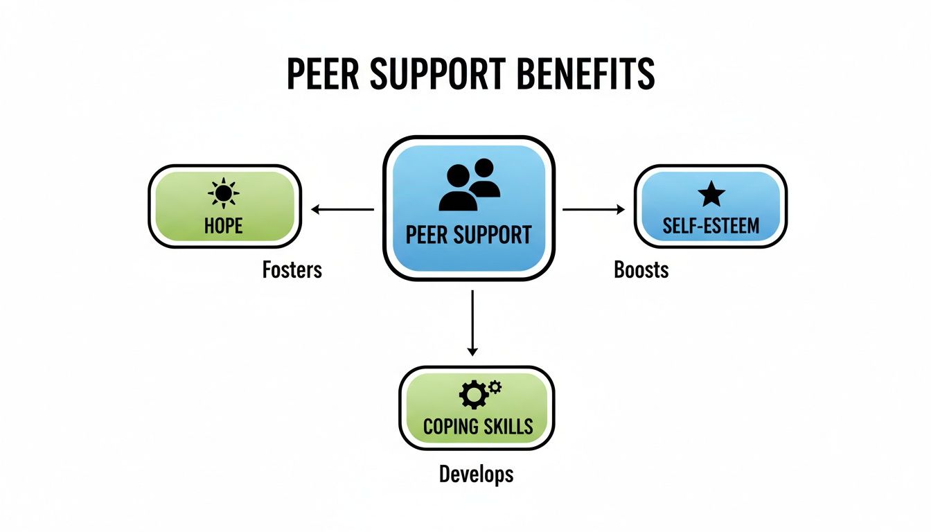 Diagram illustrating how peer support benefits individuals by fostering hope, boosting self-esteem, and developing coping skills.
