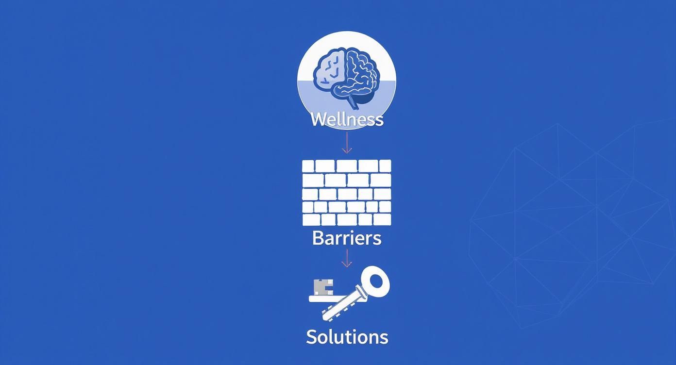 Mental health wellness concept showing progression from barriers represented by brick wall to solutions with key