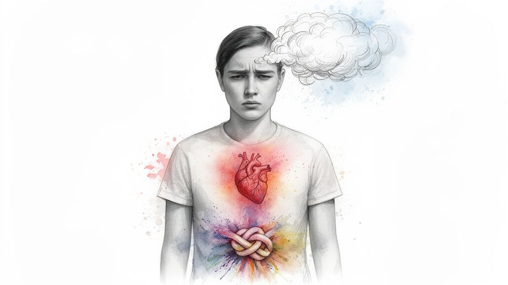 Illustration of a person with a cloud over their head, red heart, and a knotted stomach, symbolizing stress and anxiety.