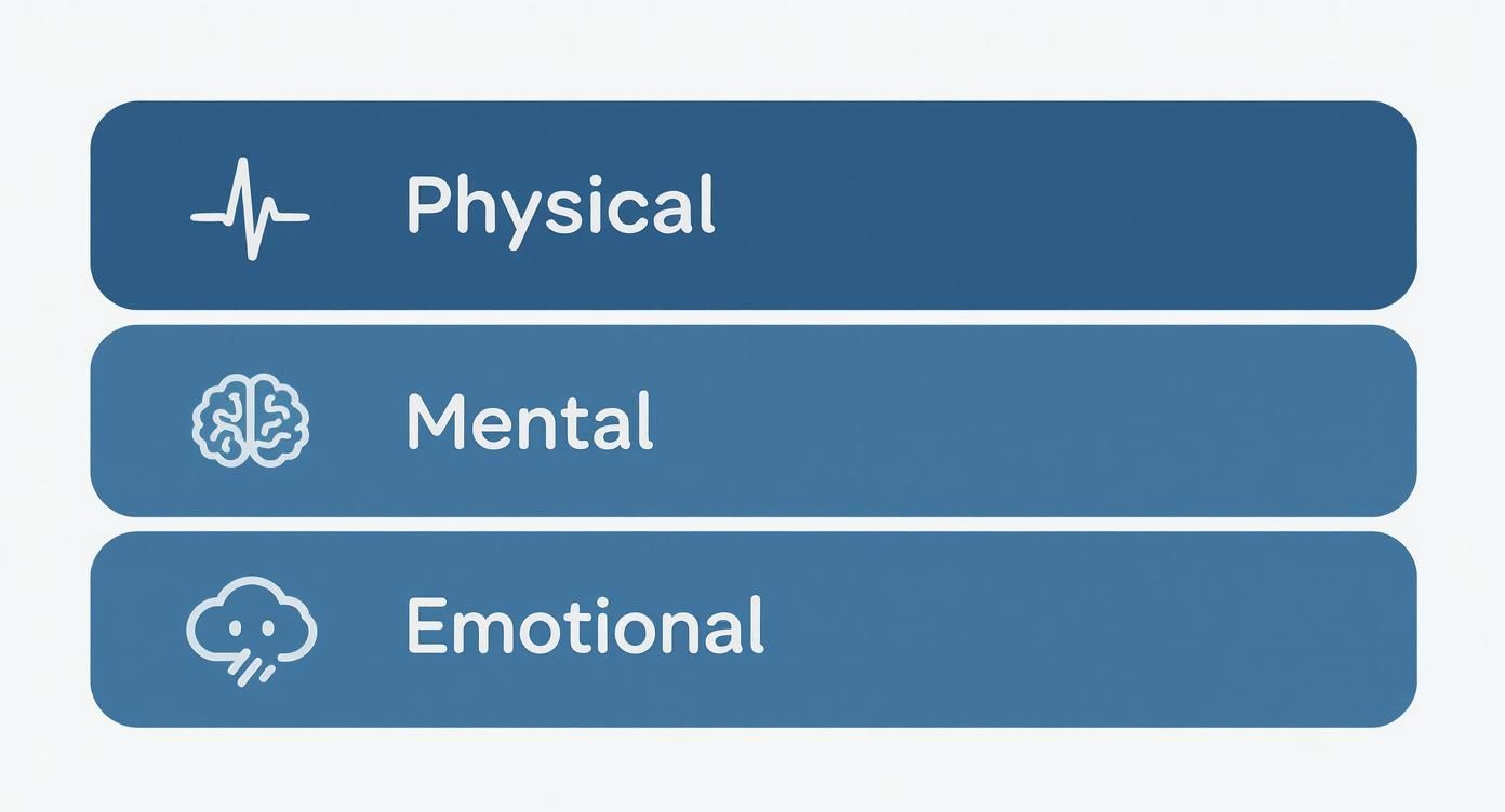 Three blue buttons with icons for Physical, Mental, and Emotional aspects of well-being.