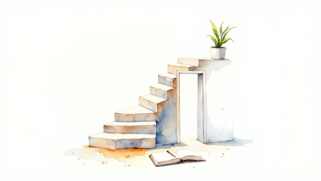 Watercolor illustration of minimalist concrete stairs leading to doorway with potted plant and open book