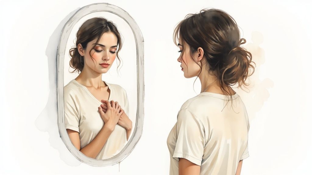 Watercolor illustration of a woman looking in a mirror, her reflection showing self-compassion.
