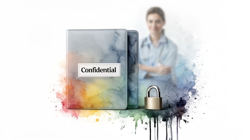 A confidential folder, a padlock, and a blurred healthcare professional with colorful watercolor splashes.