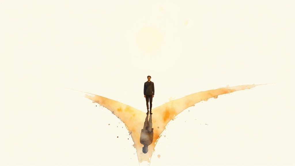 A man stands at a decision point, where two watercolor paths diverge under a bright sky.