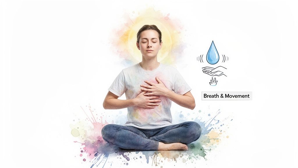 A person meditating with hands on chest, surrounded by colorful splashes, representing breath and movement.