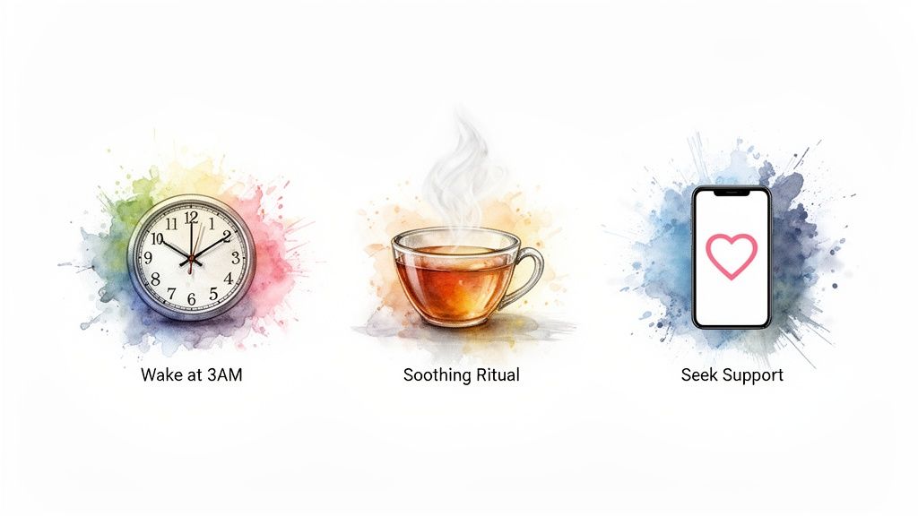 Illustrations showing a 3 AM wake-up, a soothing tea ritual, and seeking support on a phone.
