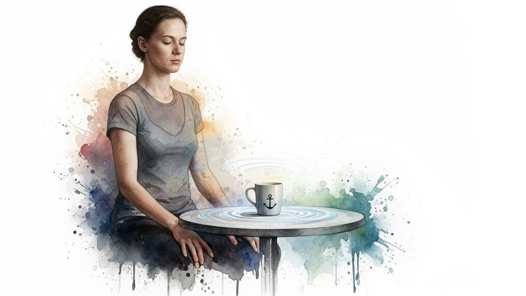 A woman with closed eyes meditates at a table with a mug, surrounded by watercolor splatters.