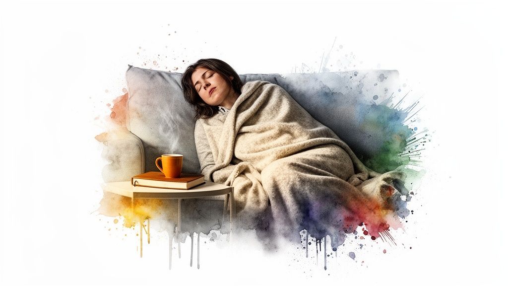 A young woman covered in a cozy blanket sleeping on a sofa with a hot drink and book.