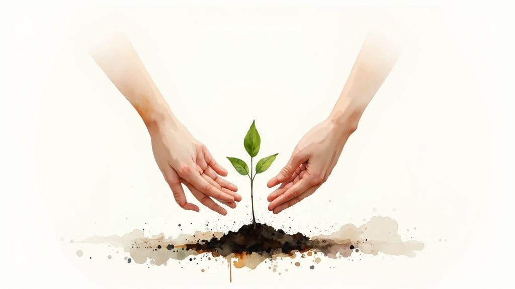 A person tending to a vibrant garden, symbolizing the cultivation of positive thoughts and a hopeful future.