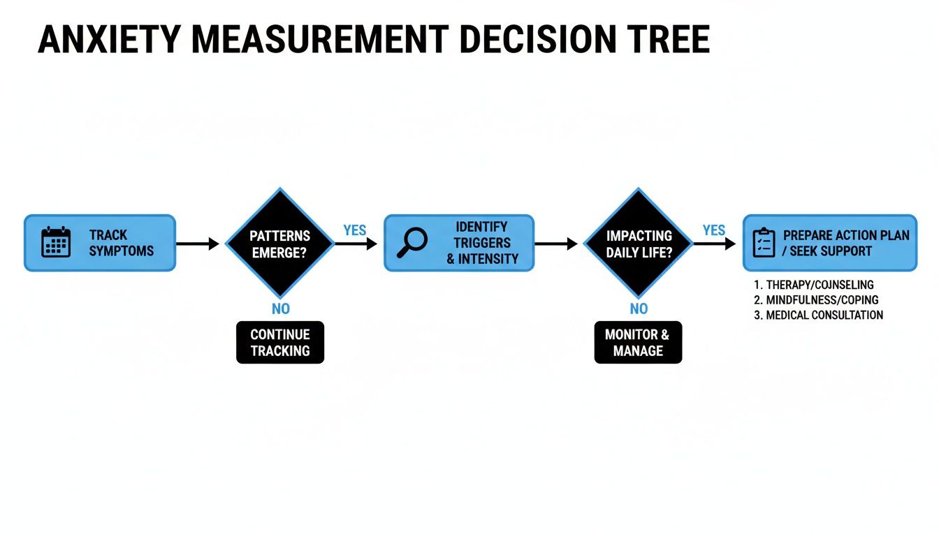 Anxiety measurement decision tree outlining steps from tracking symptoms to seeking support.