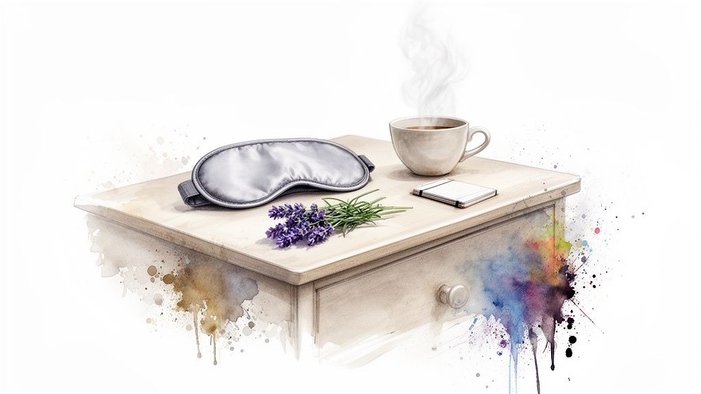 A watercolor illustration of a bedside table with a sleep mask, lavender, steaming tea, and a notebook.