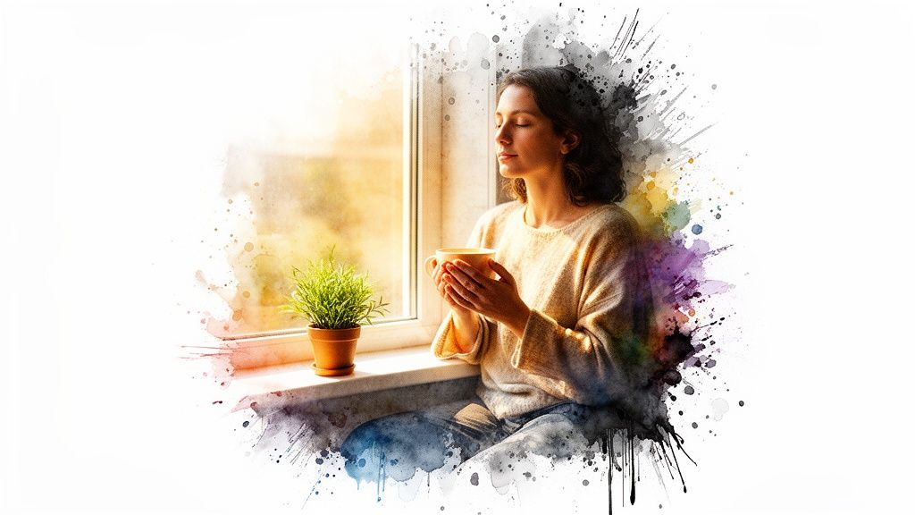 A woman with closed eyes peacefully holds a cup by a sunlit window with a small plant.