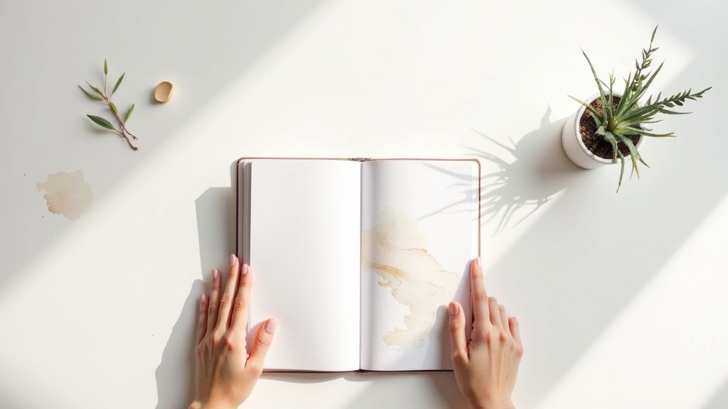 A person sitting at a desk and writing on a worksheet with a calming plant nearby.