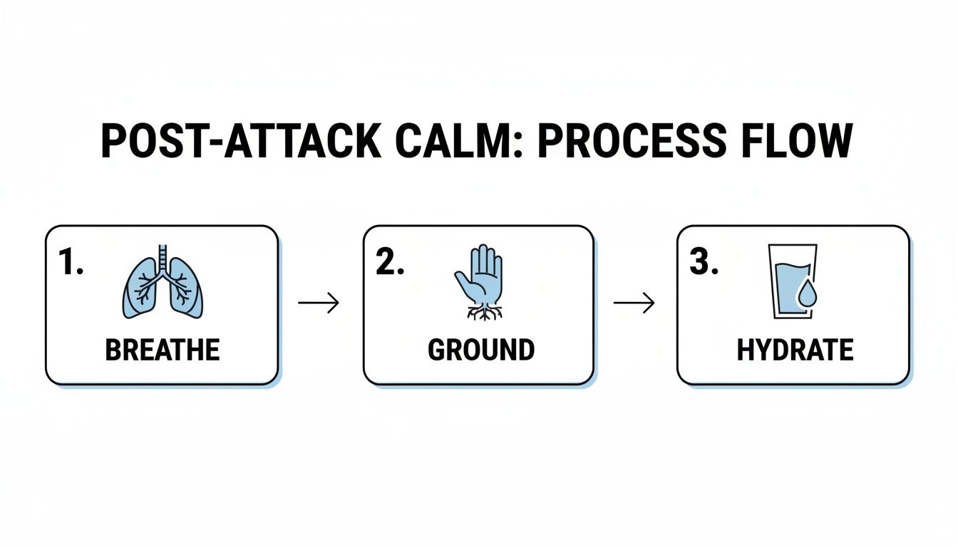 A three-step process flow for post-attack calm, showing breathe, ground, and hydrate with icons.