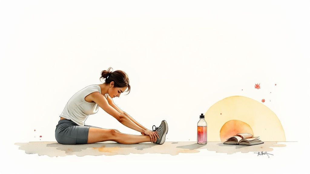 A watercolor illustration of a woman stretching, with a water bottle and open book nearby.