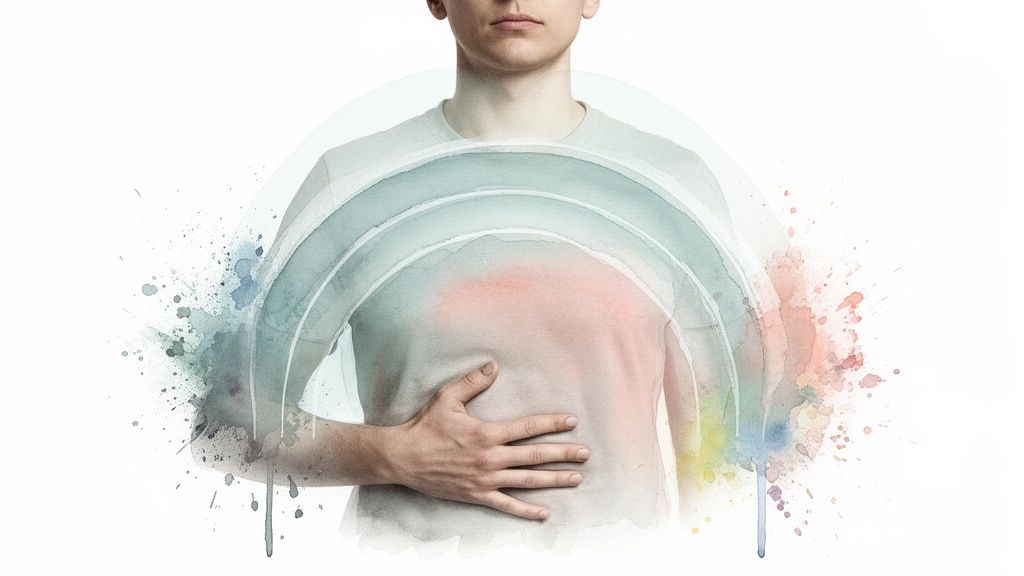 A person holding their stomach, surrounded by abstract watercolor arches and colorful splatters, symbolizing discomfort or emotional state.