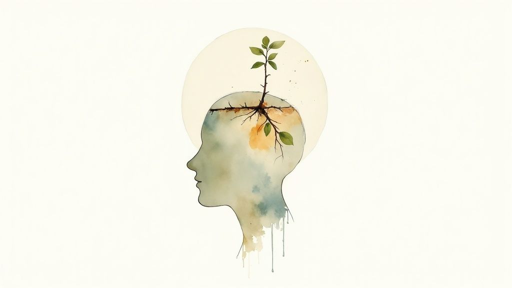 A watercolor illustration of a human head with a plant growing from it, symbolizing growth and mental well-being.