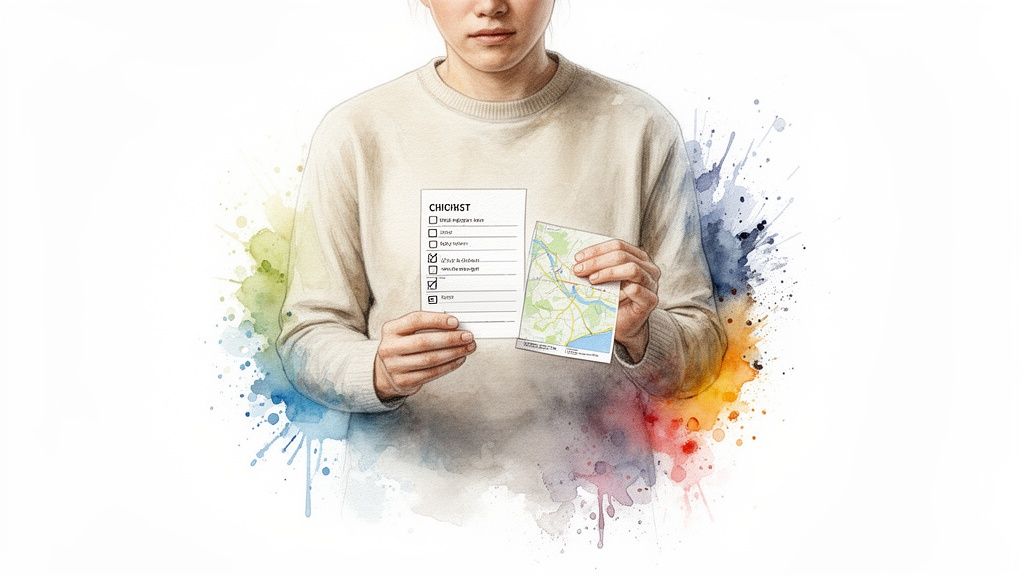 A person holds a checklist and a map, symbolizing planning and assessment amidst colorful watercolor splashes.