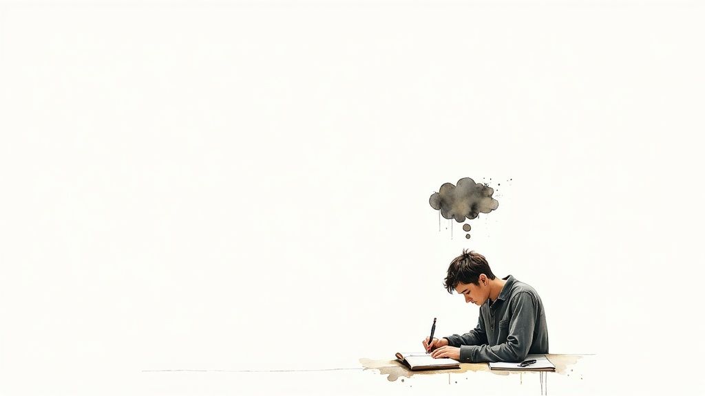 A young man intently writing in a notebook with a dark thought bubble above him.